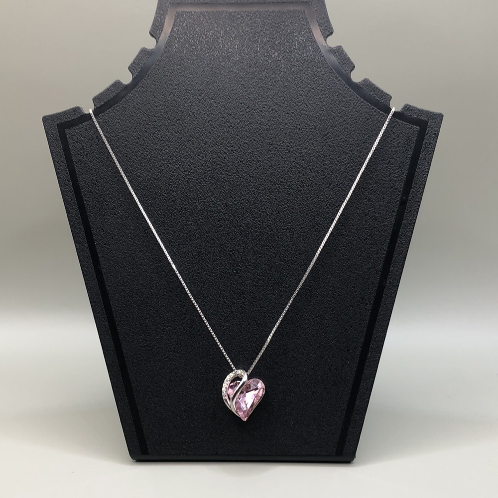 Silver tone dainty elegant bejeweled heart pink glass crystal pendant necklace.
